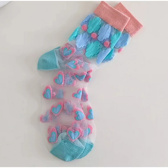 Women's heart-shaped nylon mesh light blue socks