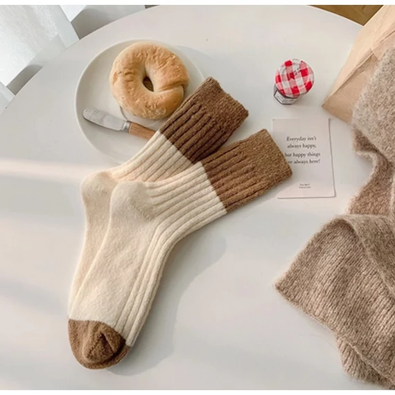 Winter two-tone brown-cream wool socks for women
