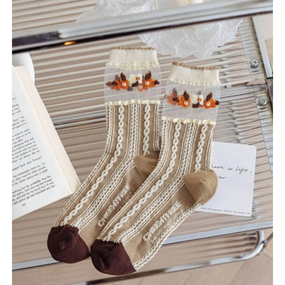 Women's Vintage Floral Patterned Nylon Mesh Brown Silk Socks