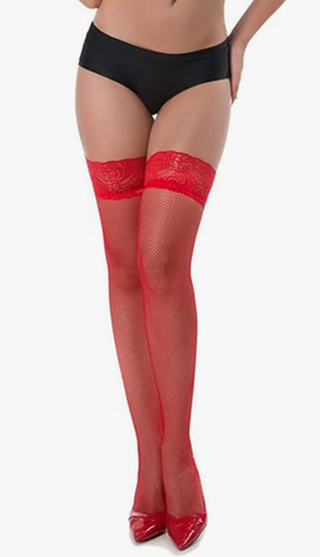 CALZE RETE MODA small hole fishnet red thigh highs stocking