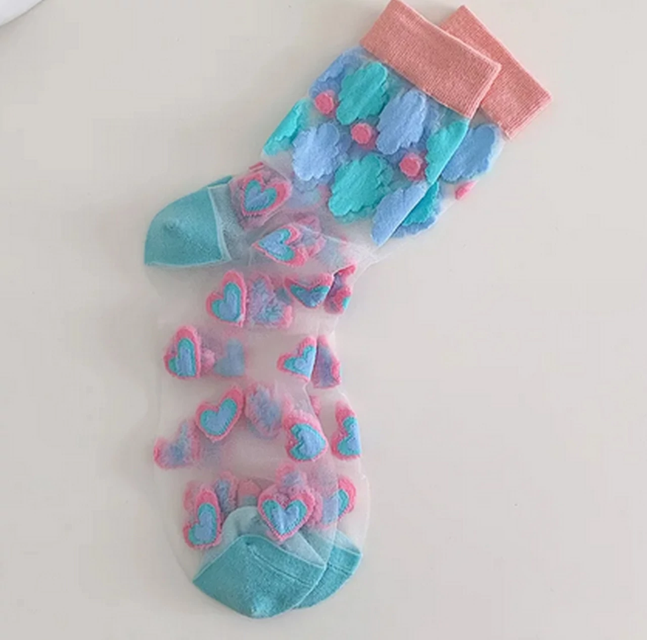 Women's heart-shaped nylon mesh light blue socks