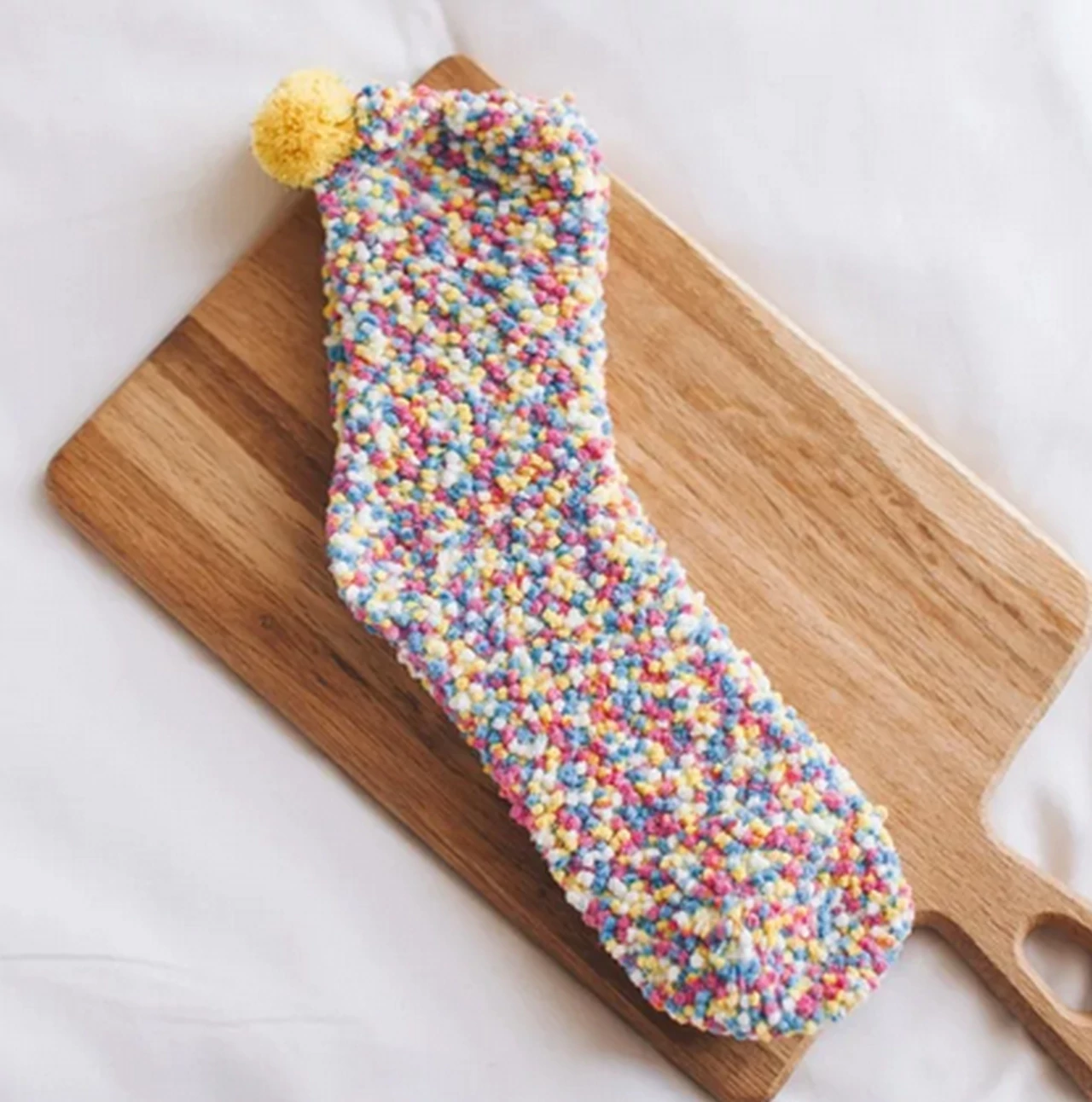Women's yellow pom-pom fuzzy fluffy cake socks