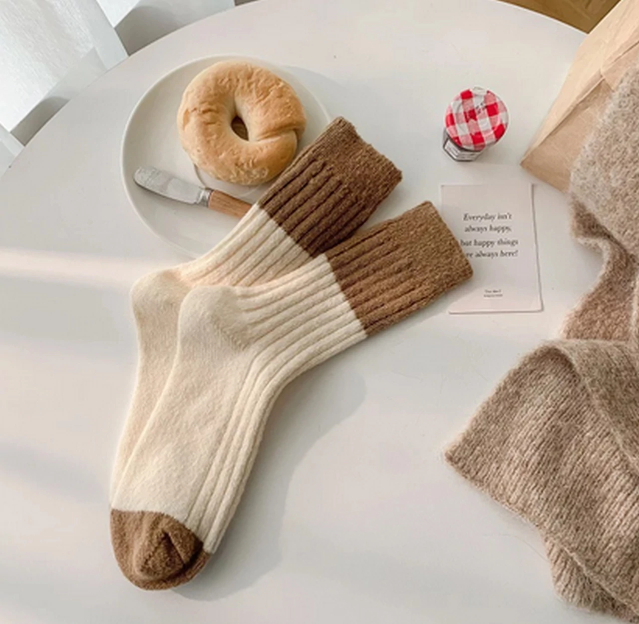 Winter two-tone brown-cream wool socks for women