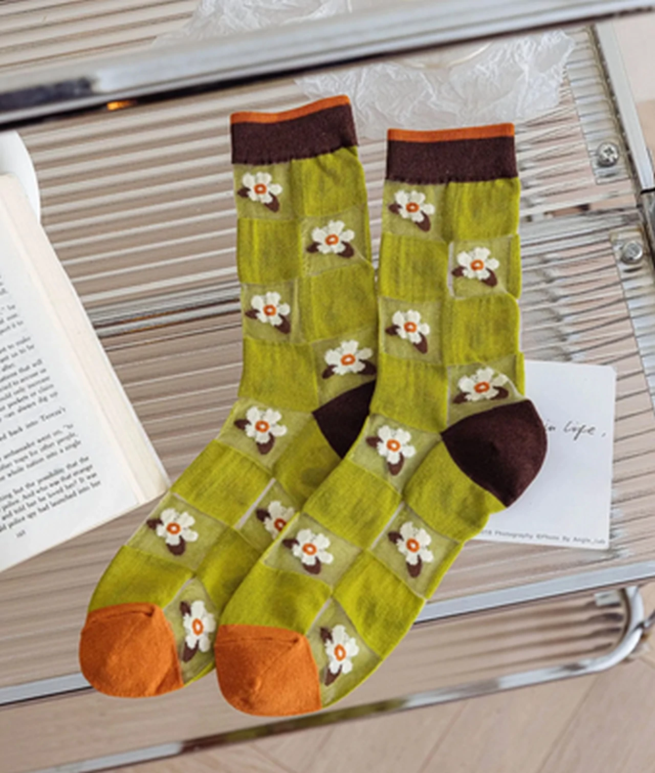 Women's Vintage Floral Patterned Nylon Mesh Green Silk Socks