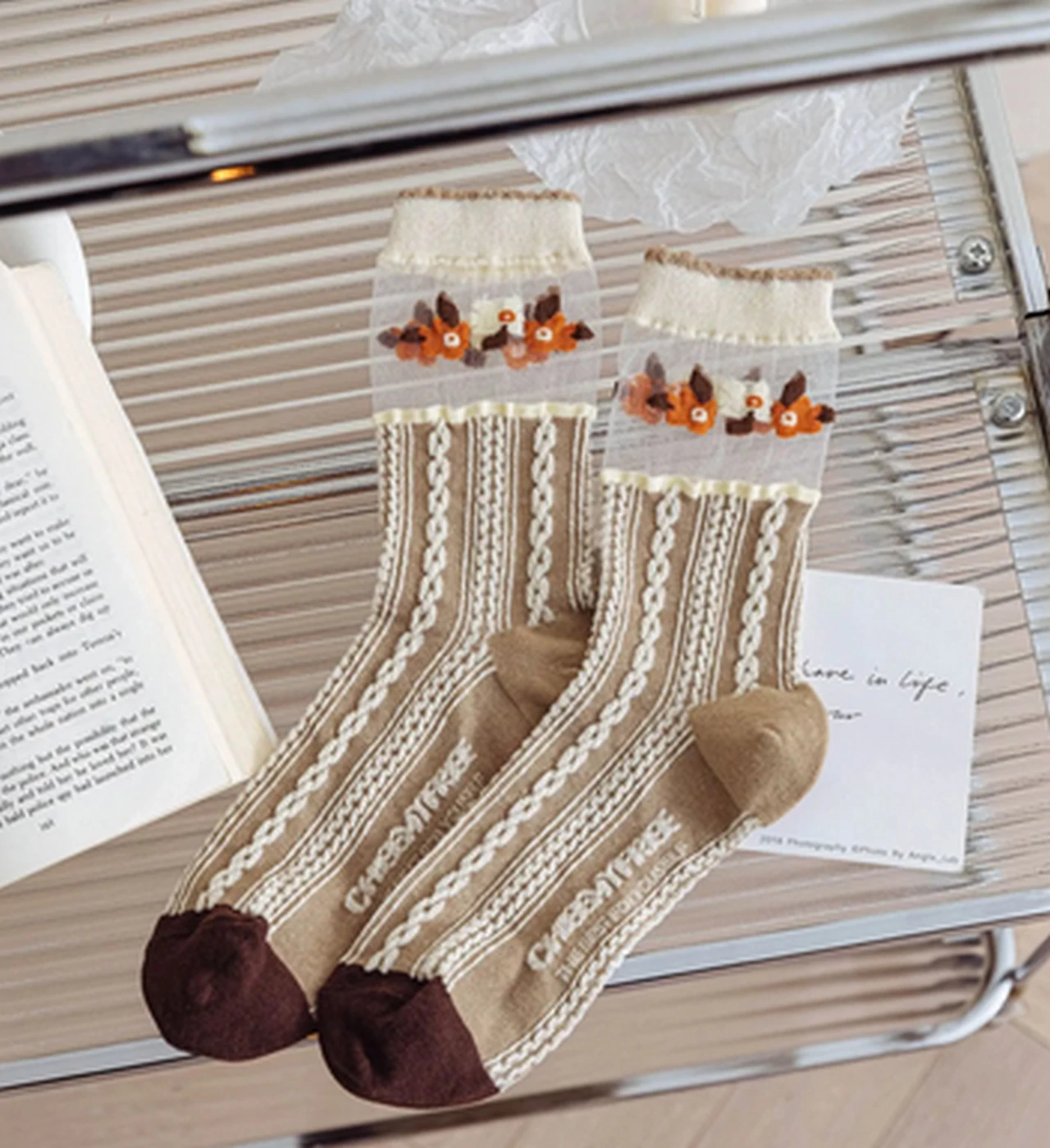 Women's Vintage Floral Patterned Nylon Mesh Brown Silk Socks